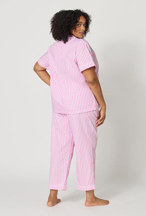 Pink Signature Stripe Short Sleeve Classic Woven Cotton Sateen Cropped Pj Set