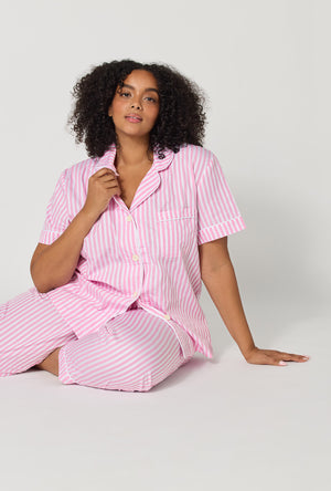 Pink Signature Stripe Short Sleeve Classic Woven Cotton Sateen Cropped Pj Set