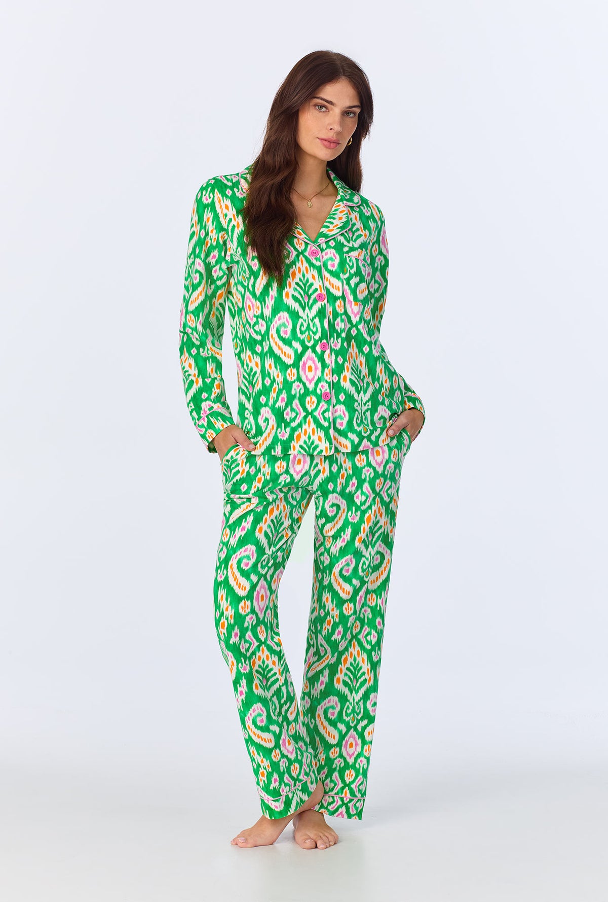 A lady wearing Beverly Ikat Long Sleeve Classic Stretch Jersey PJ set