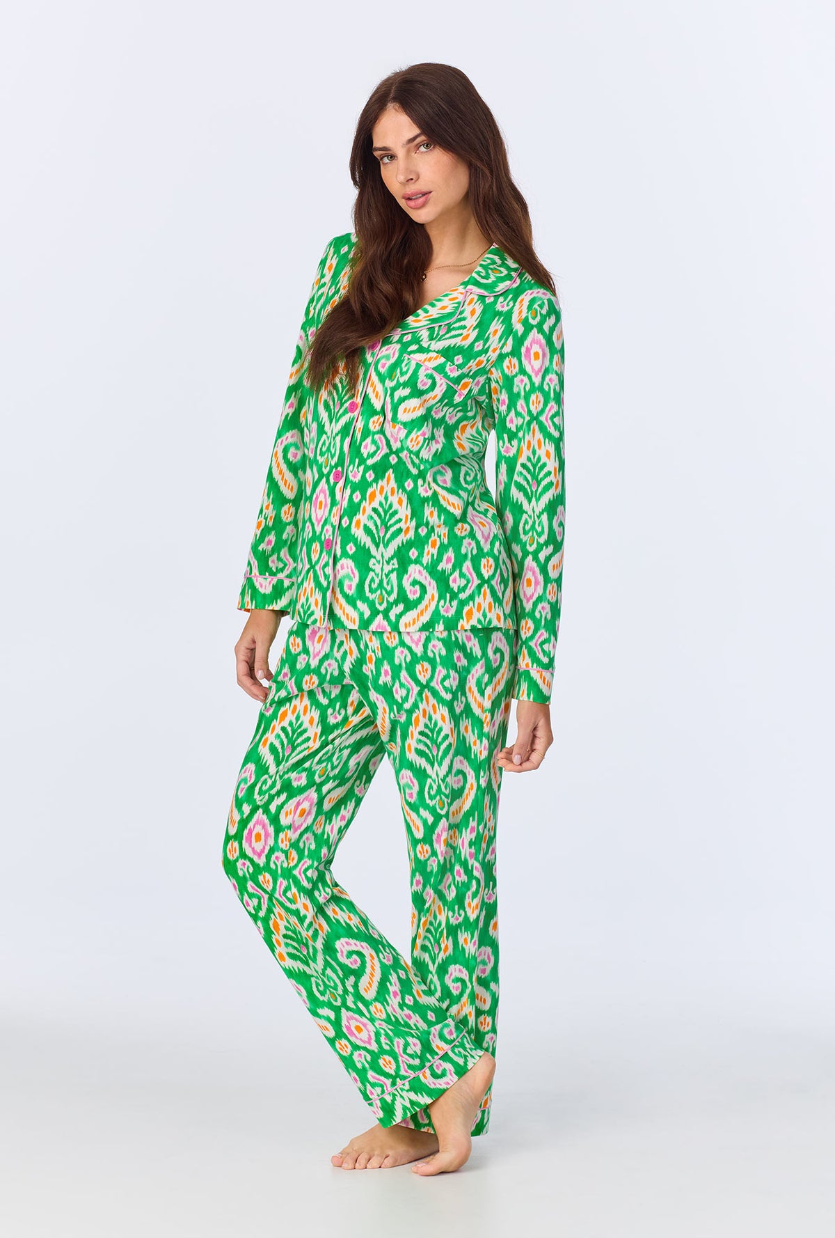 A lady wearing Beverly Ikat Long Sleeve Classic Stretch Jersey PJ set