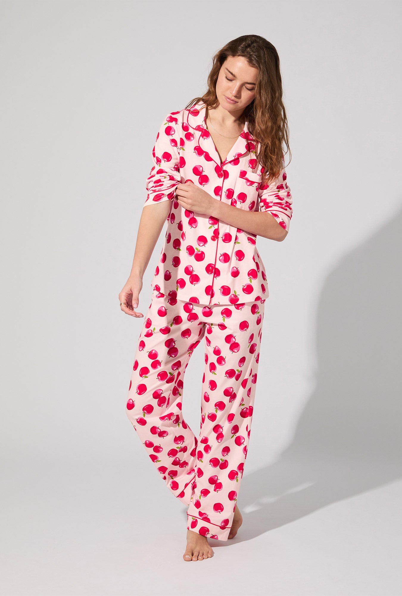 A lady wearing An Apple A Day Long Sleeve Classic Stretch Jersey PJ Set