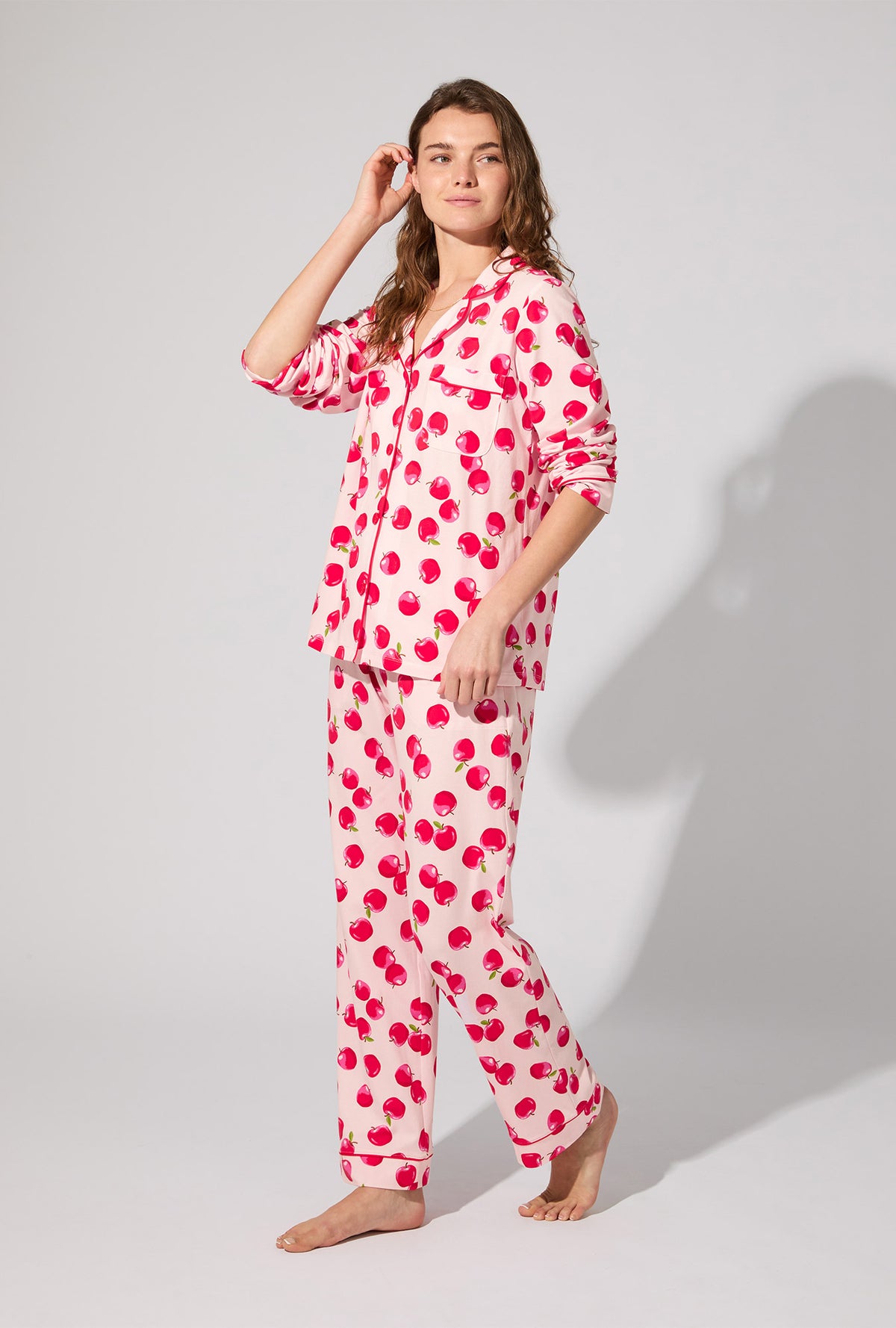 A lady wearing An Apple A Day Long Sleeve Classic Stretch Jersey PJ Set