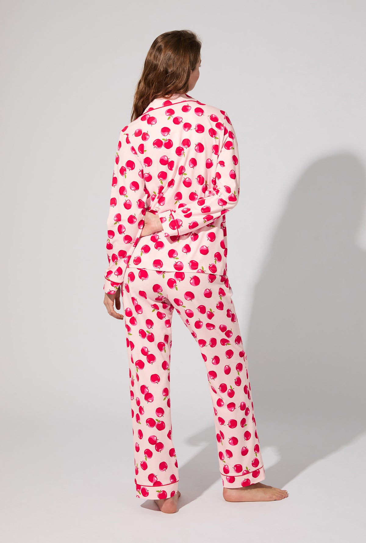 A lady wearing An Apple A Day Long Sleeve Classic Stretch Jersey PJ Set