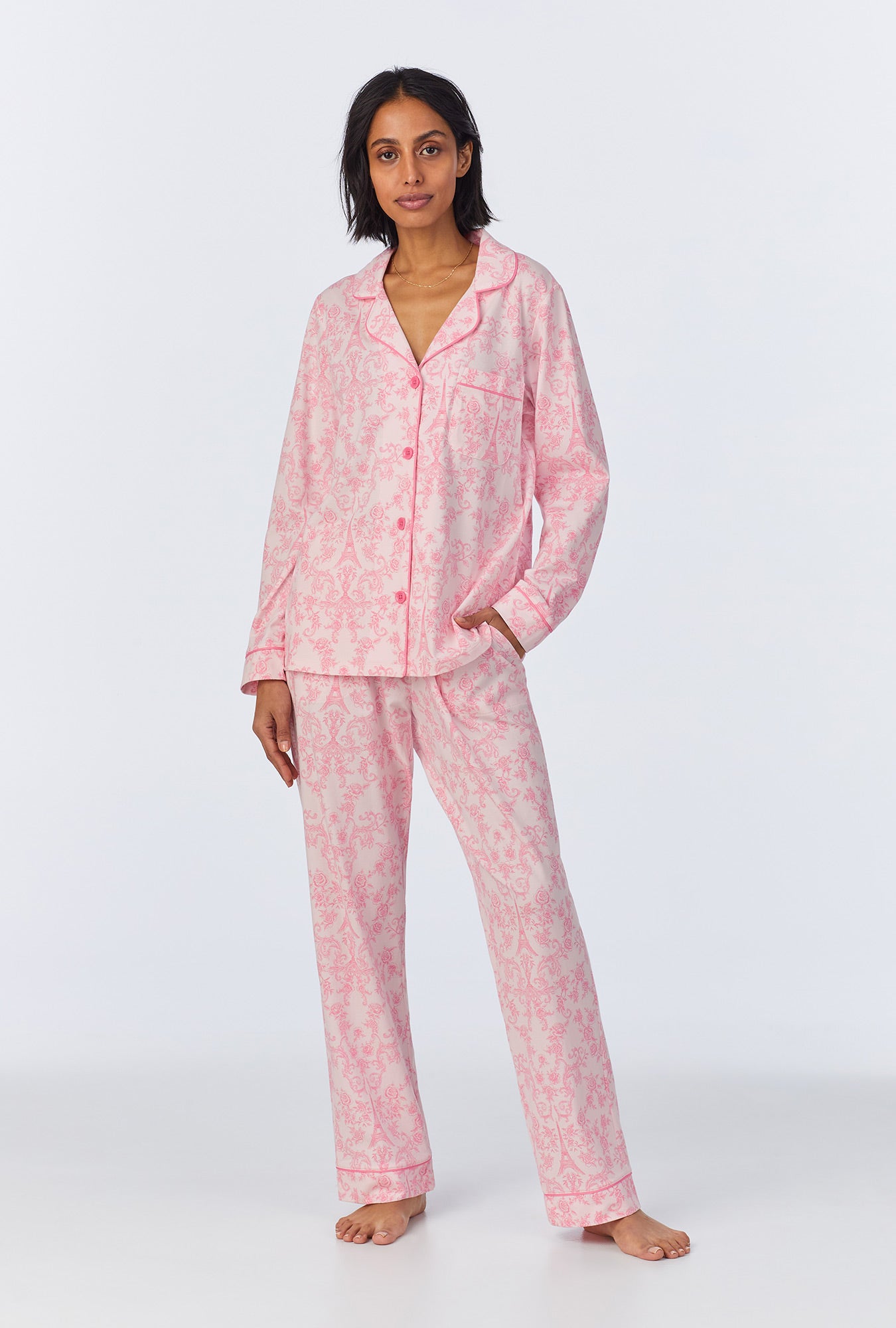 A lady wearing Parisian Toile Long Sleeve Classic Stretch Jersey PJ Set