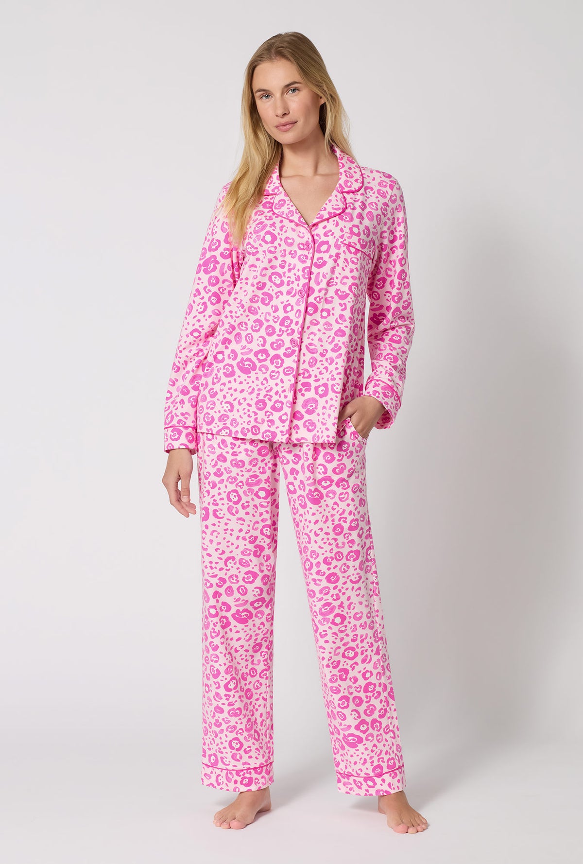 A Lady Wearing Valentina Leopard Long Sleeve Classic Stretch Jersey Pj Set