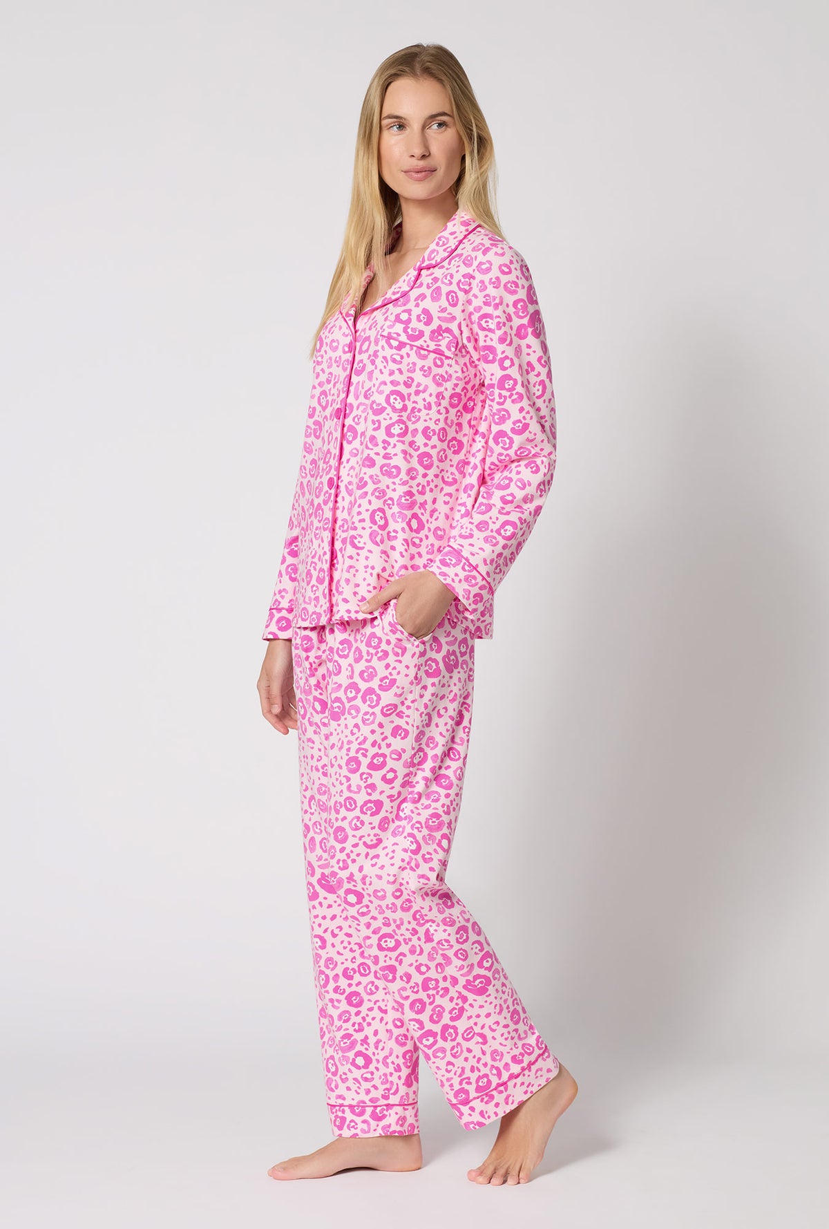 A Lady Wearing Valentina Leopard Long Sleeve Classic Stretch Jersey Pj Set in a side view pose