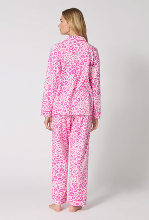 A Lady Wearing Valentina Leopard Long Sleeve Classic Stretch Jersey Pj Set in a back view pose