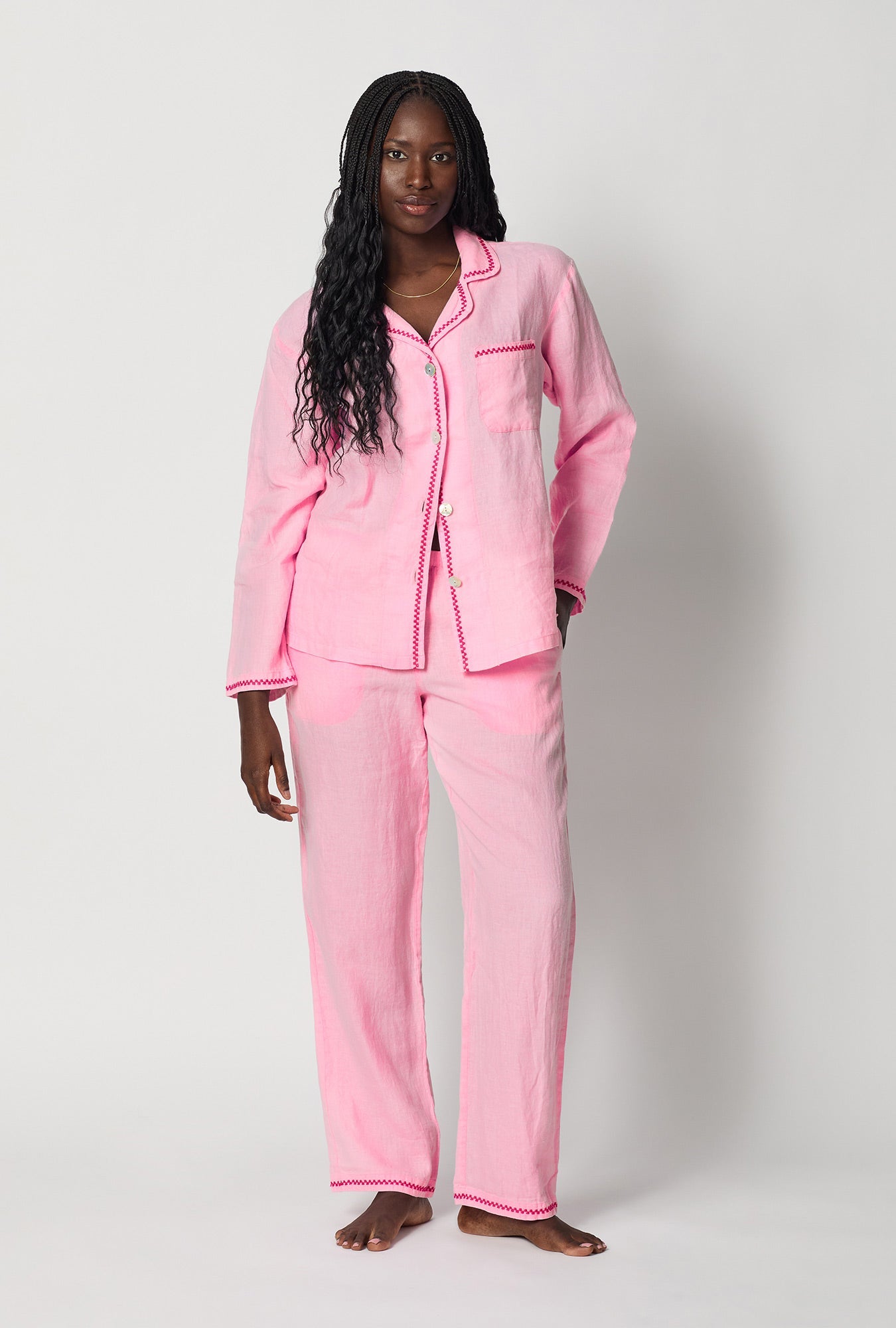 A lady wearing Pink Long Sleeve Classic Woven Linen Pj Set front view