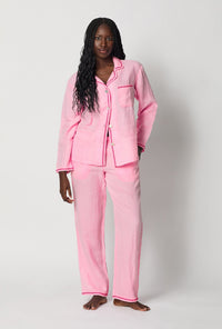 A lady wearing Pink Long Sleeve Classic Woven Linen Pj Set front view