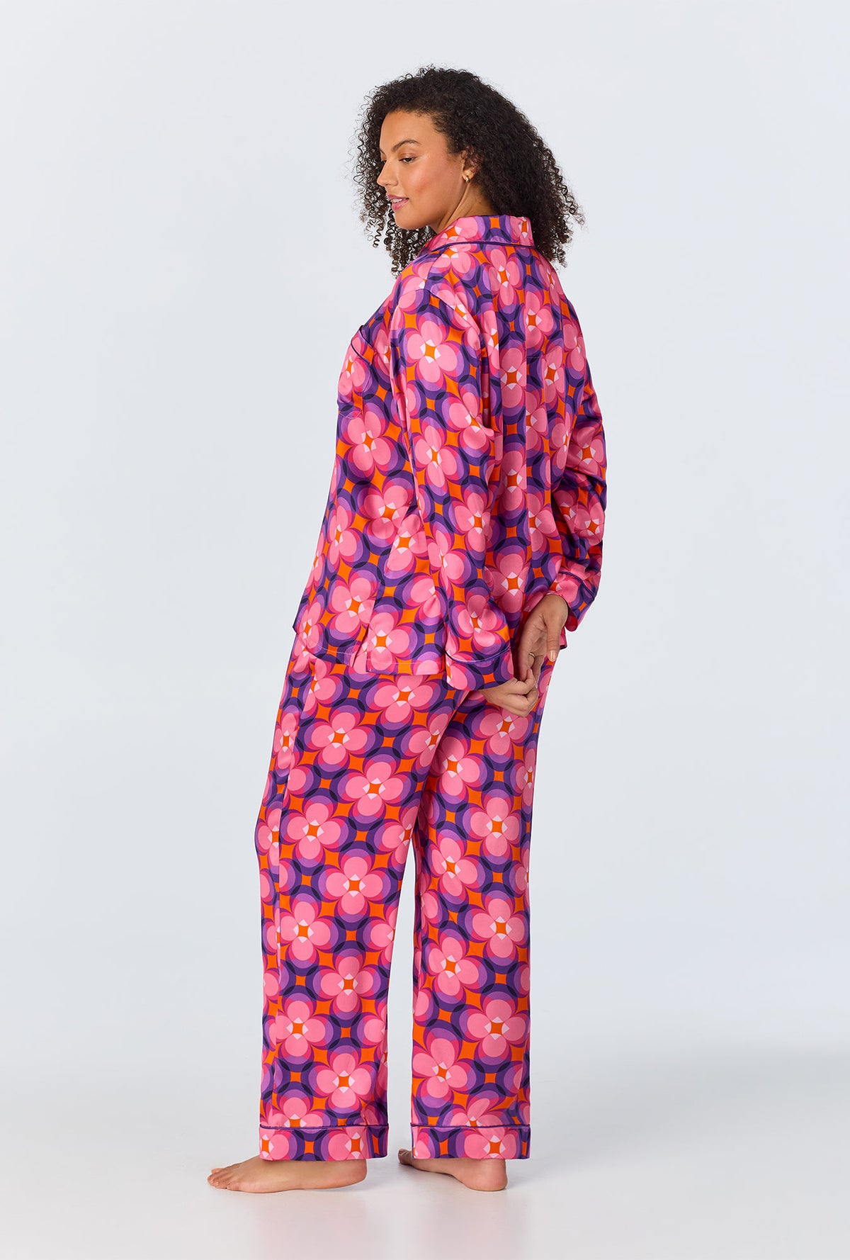 A lady wearing Space Cat Long Sleeve Classic Woven Washable Silk PJ Set