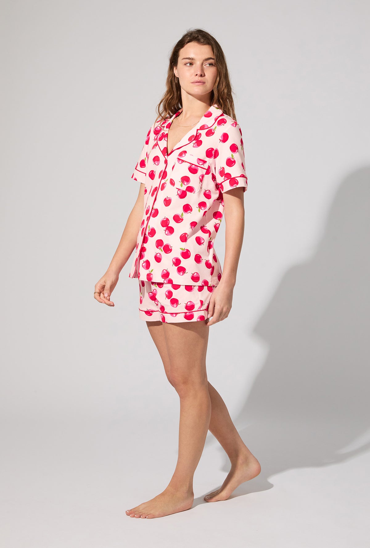 A lady wearing An Apple a Day Short Sleeve Classic Shorty Stretch Jersey PJ Set