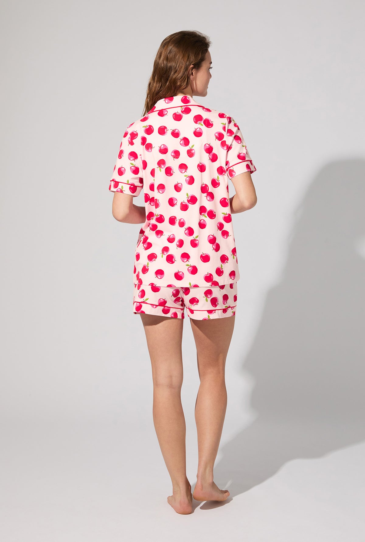 A lady wearing An Apple a Day Short Sleeve Classic Shorty Stretch Jersey PJ Set