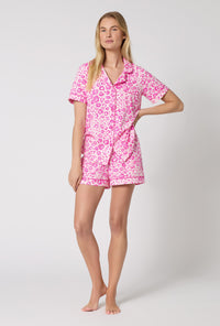 A Lady Wearing Valentina Leopard Short Sleeve Classic Shorty Stretch Jersey Pj Set