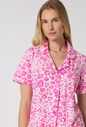 A Lady Wearing Valentina Leopard Short Sleeve Classic Shorty Stretch Jersey Pj Set in a close up view pose
