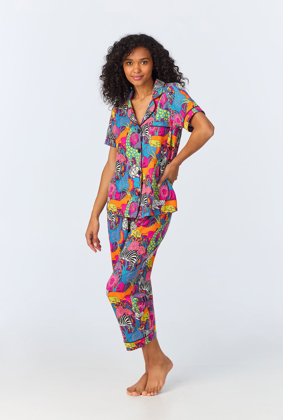 A lady wearing Jungle Short Sleeve Classic Stretch Jersey Cropped PJ Set