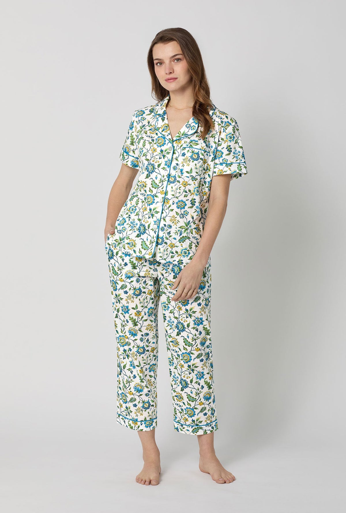 A lady wearing White Short Sleeve Classic Woven Tana Lawn® Cropped Pj Set Made With Liberty Fabric front view