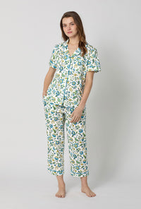 A lady wearing White Short Sleeve Classic Woven Tana Lawn® Cropped Pj Set Made With Liberty Fabric front view