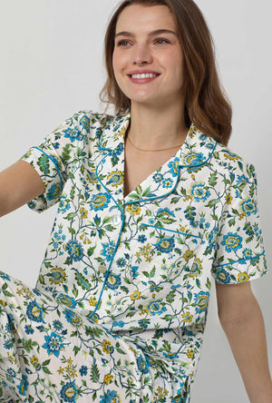 A closeup of A lady wearing White Short Sleeve Classic Woven Tana Lawn® Cropped Pj Set Made With Liberty Fabric