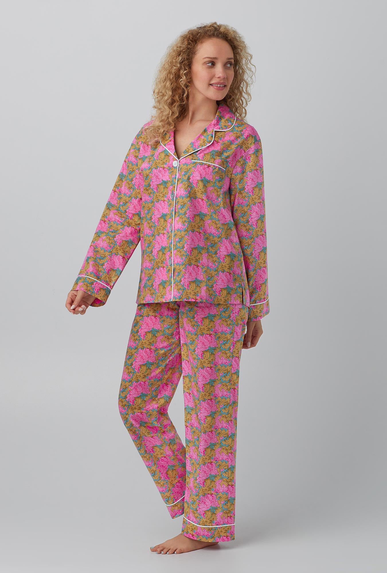 A lady wearing Laura's Reverie Long Sleeve Classic Woven Cotton Tana Lawn® PJ Set Made with Liberty Fabrics