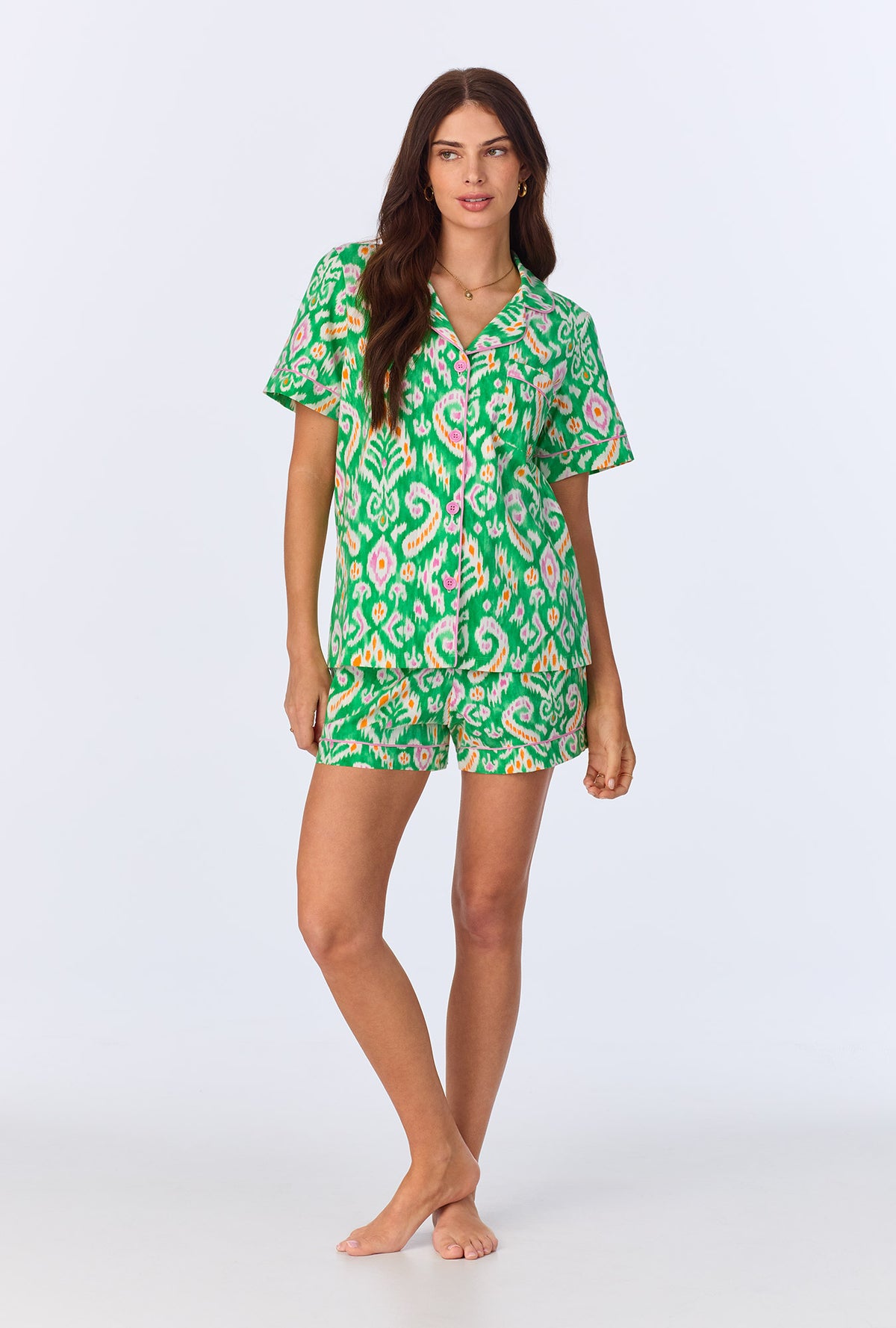 A lady wearing Beverly Ikat Short Sleeve Classic Shorty Stretch Jersey PJ Set