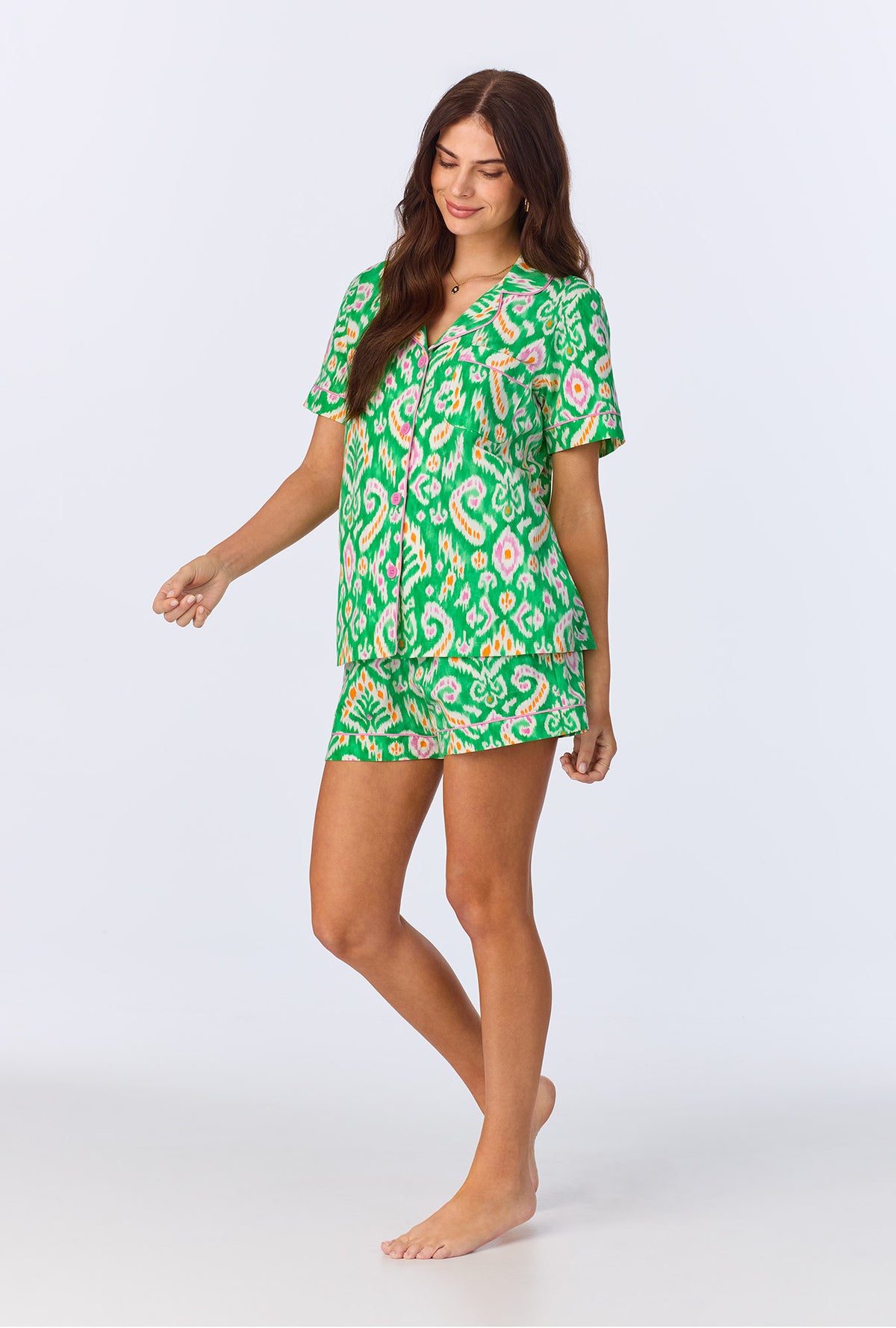 A lady wearing Beverly Ikat Short Sleeve Classic Shorty Stretch Jersey PJ Set