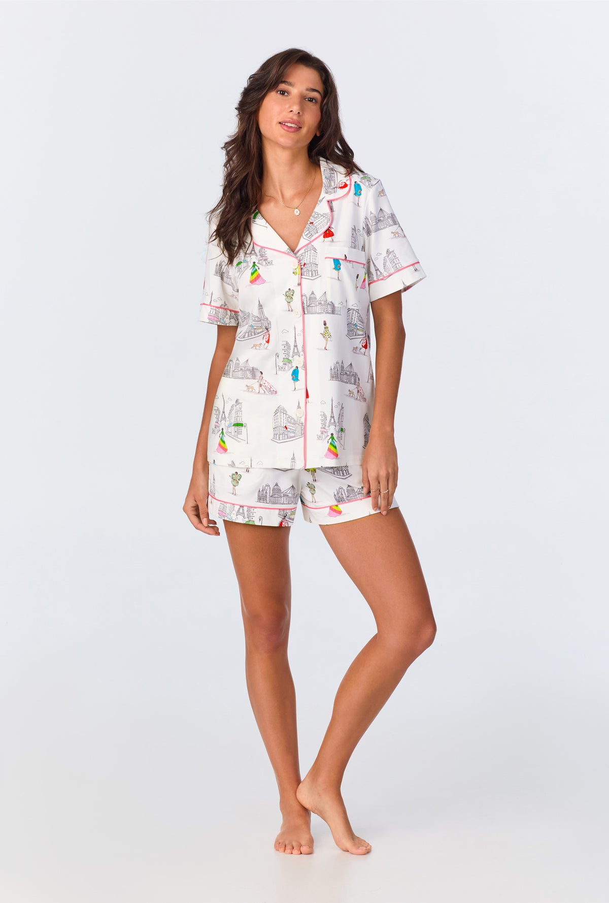 A lady wearing Newport Travel in Style Short Sleeve Classic Shorty Stretch Jersey PJ Set