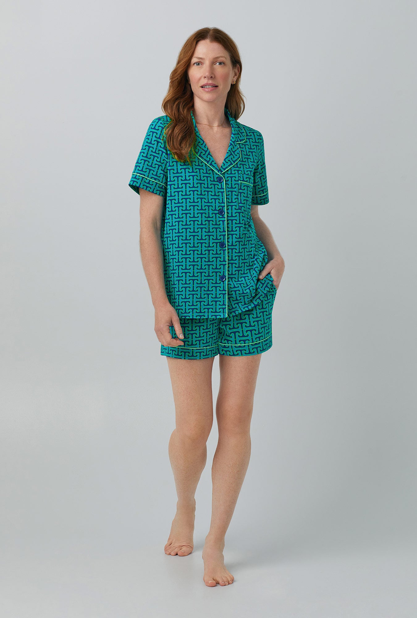 A lady wearing  Short Sleeve Classic Shorty Stretch Jersey PJ Set with Blue Tile  print