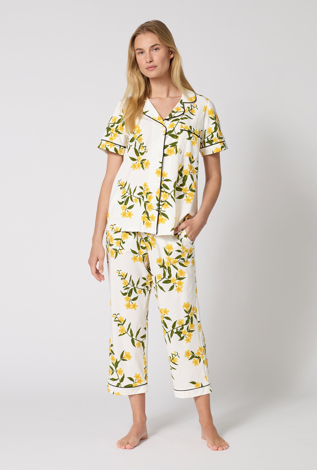 A Lady Wearing Carolina Jasmine Short Sleeve Classic Stretch Jersey Cropped Pj Set