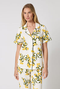 A Lady Wearing  Carolina Jasmine Short Sleeve Classic Stretch Jersey Cropped Pj Set in a close up view pose