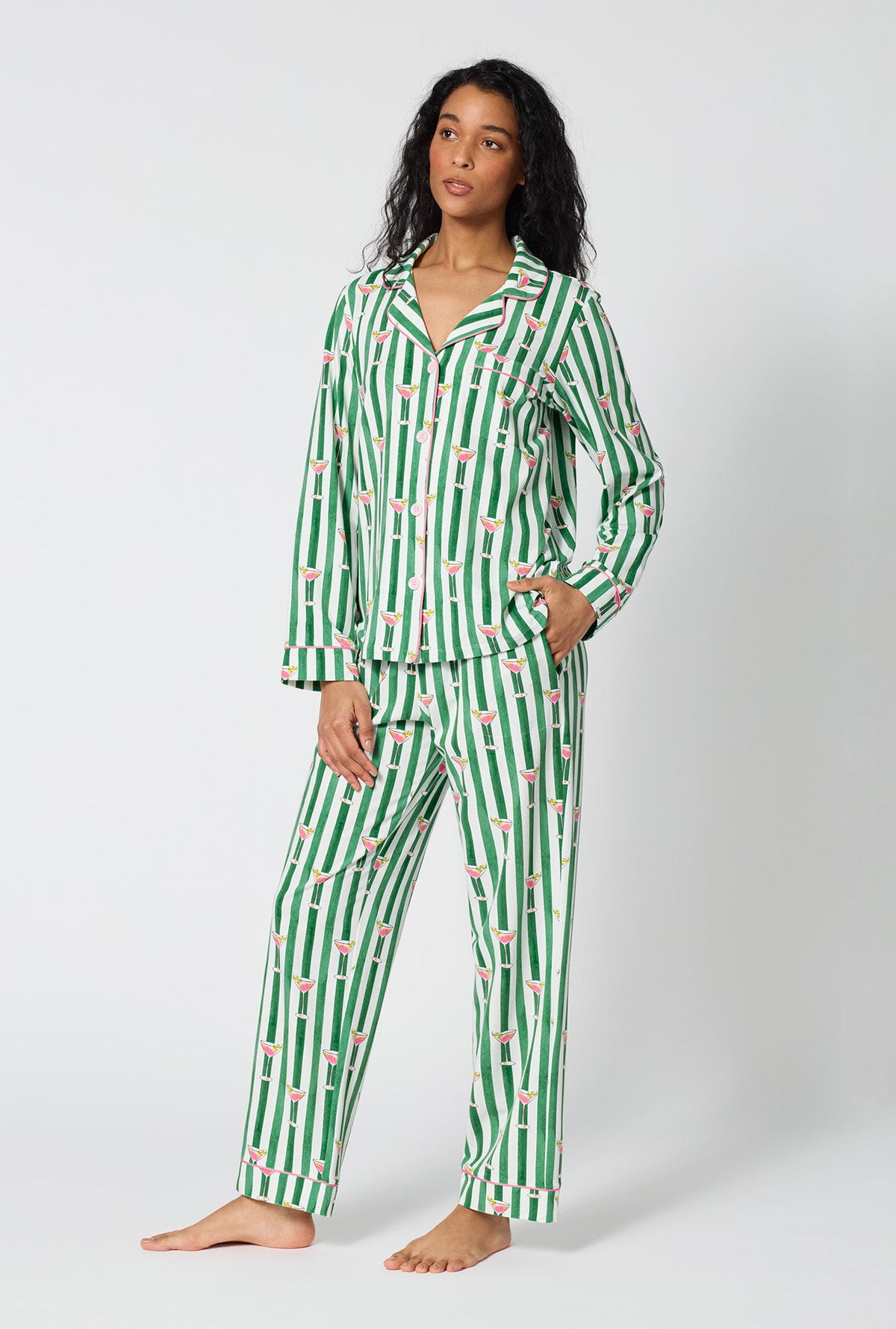 A Lady Wearing  Martini O'Clock Long Sleeve Classic Stretch Jersey Pj Set in a side angled pose