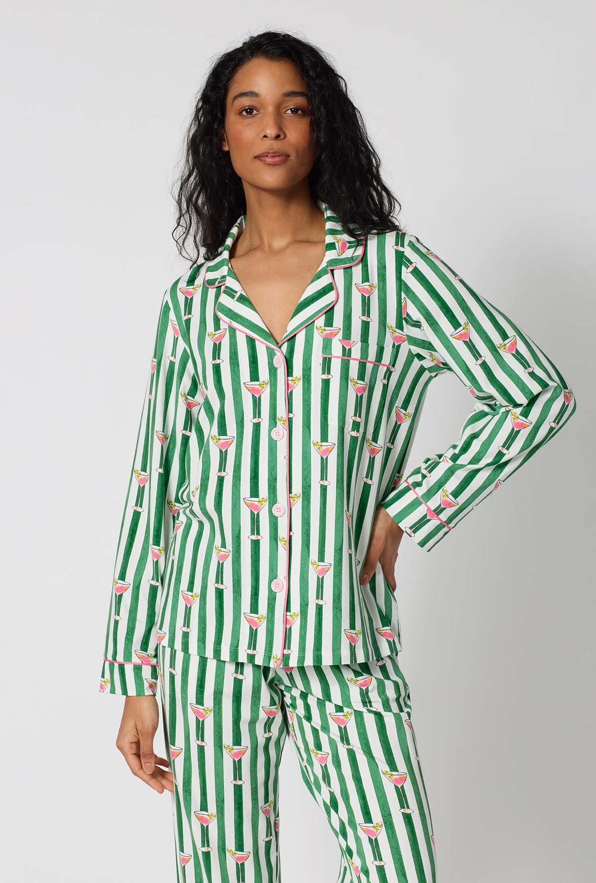 A Lady Wearing  Martini O'Clock Long Sleeve Classic Stretch Jersey Pj Set in a close up view pose