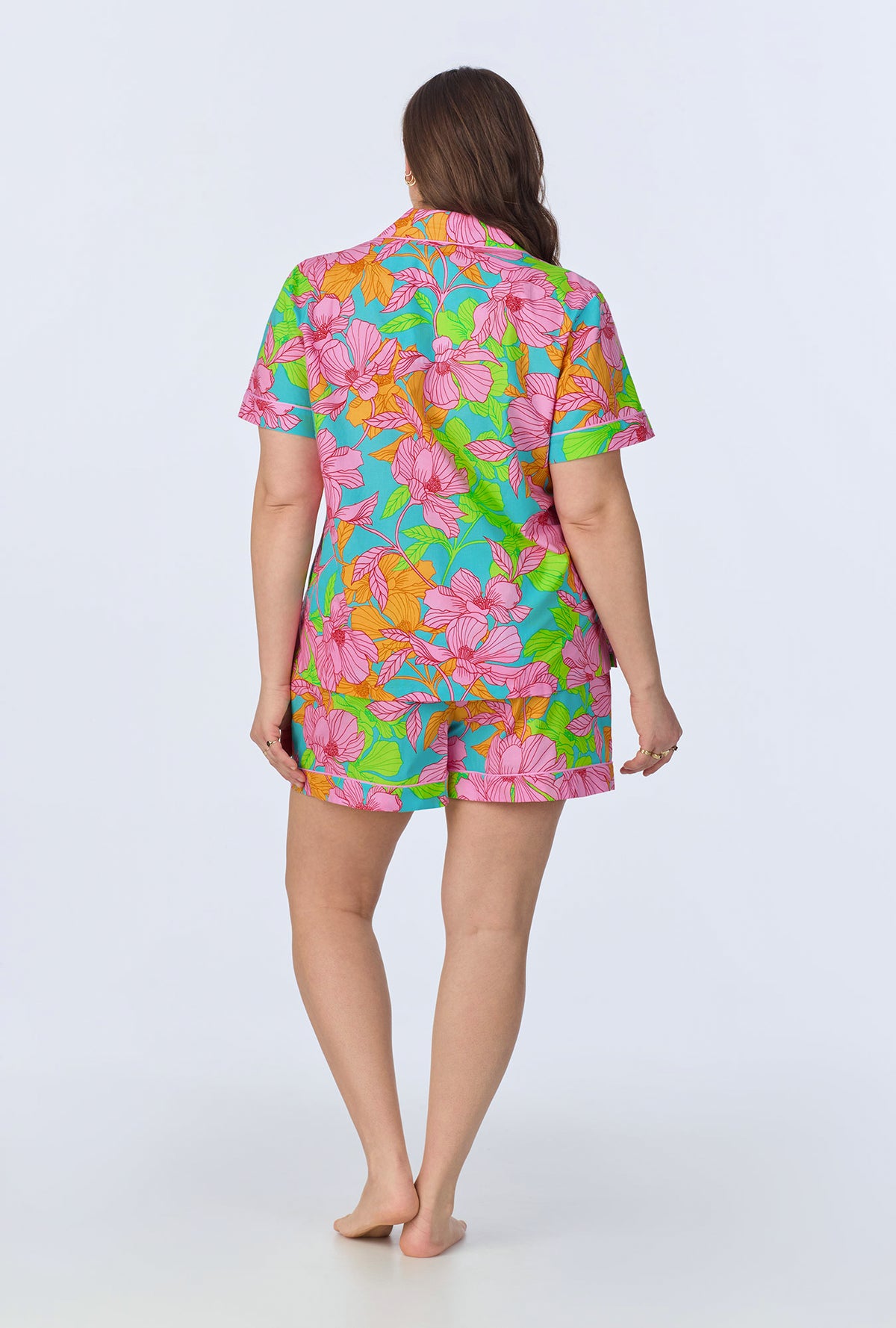 A lady wearing  Linear Floral Short Sleeve Classic Woven Cotton Poplin Shorty PJ Set