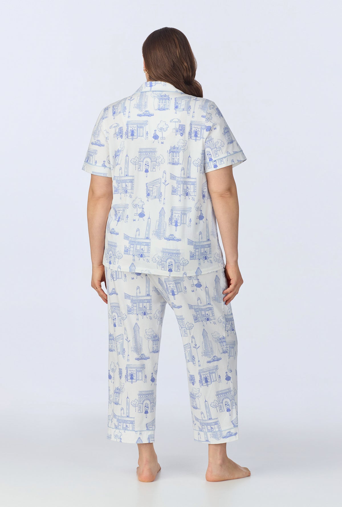 A lady wearing Bedhead on Bleecker Short Sleeve Classic Stretch Jersey Cropped PJ Set