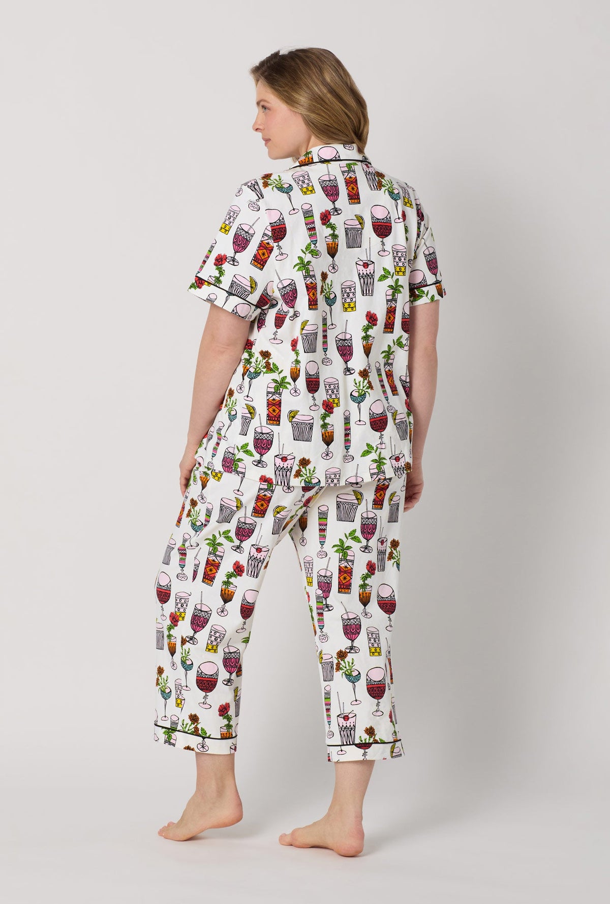 A lady wearing plus size  White Short Sleeve Classic Stretch Jersey Cropped Pj Set back view