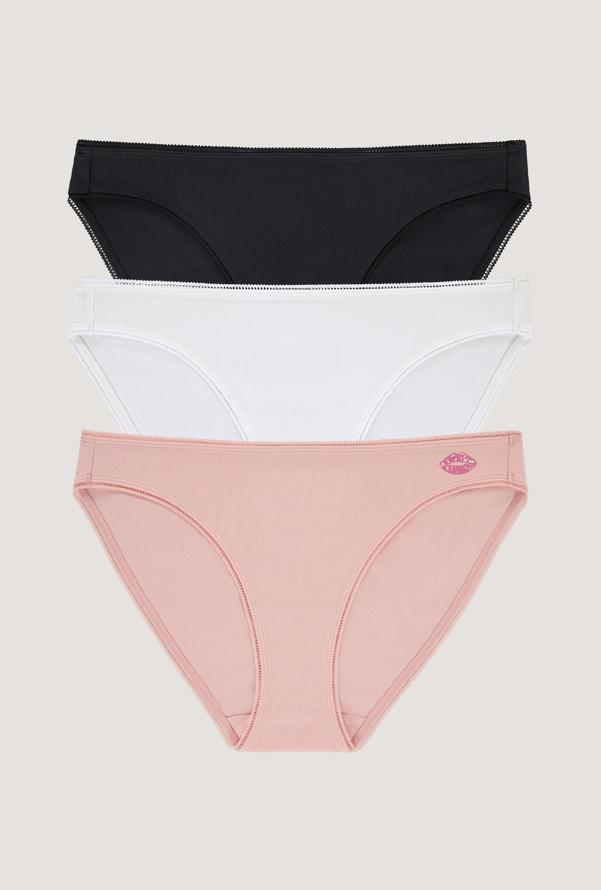 A Stretch Jersey Bikini Underwear 3 Pack in Black, White, First Blush