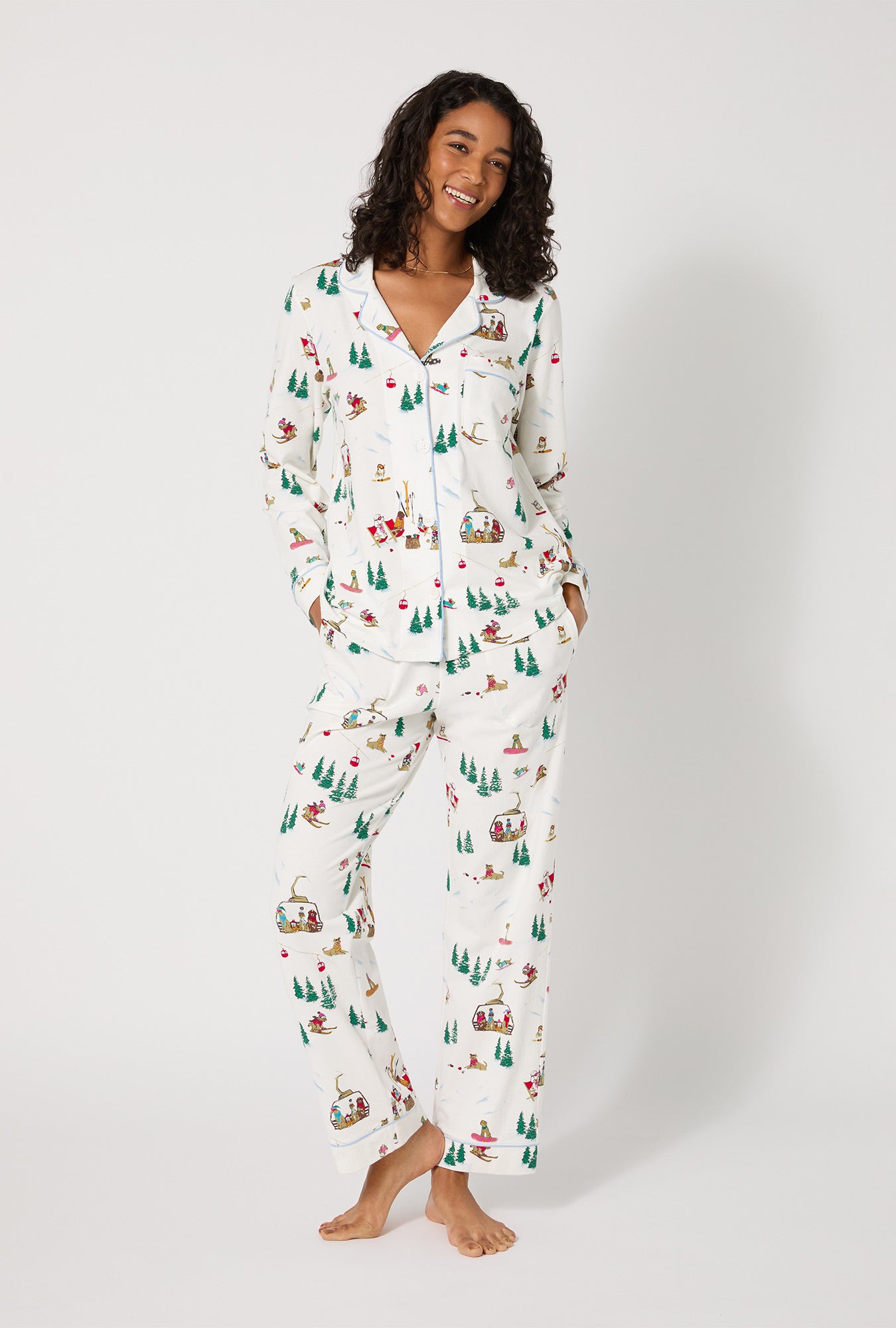 A lady wearing Ski Pups Long Sleeve Classic Stretch Jersey Pj Set