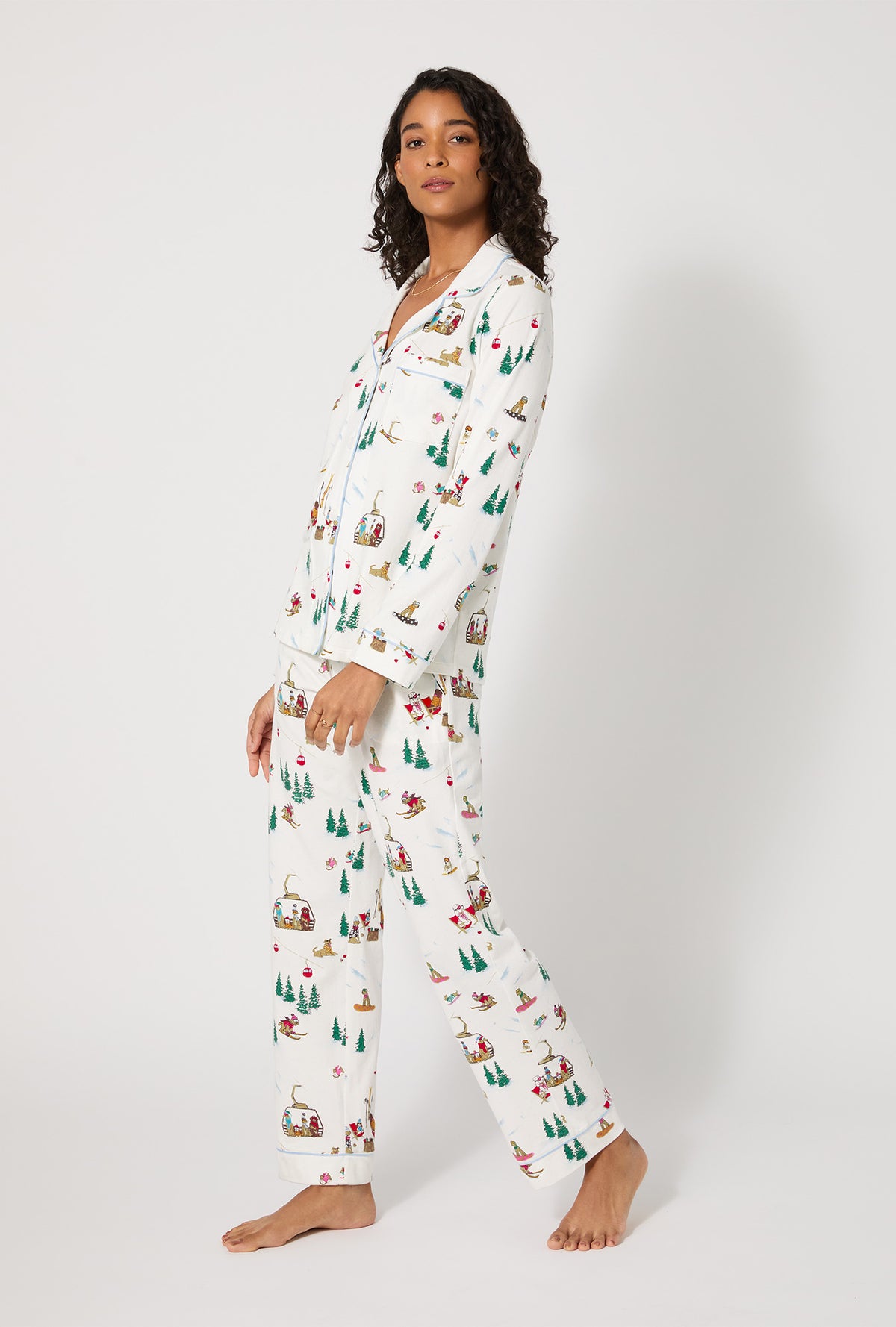 A lady wearing Ski Pups Long Sleeve Classic Stretch Jersey Pj Set