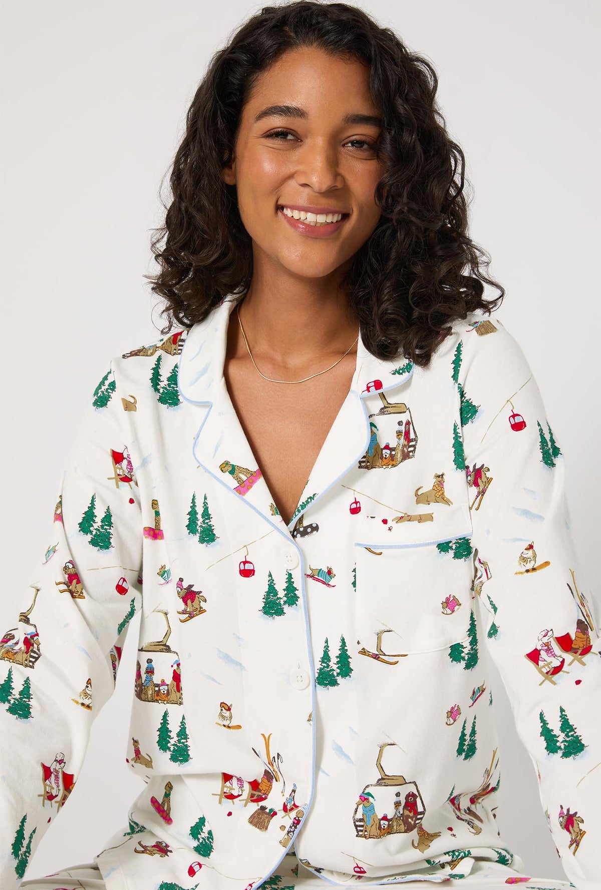 A lady wearing Ski Pups Long Sleeve Classic Stretch Jersey Pj Set