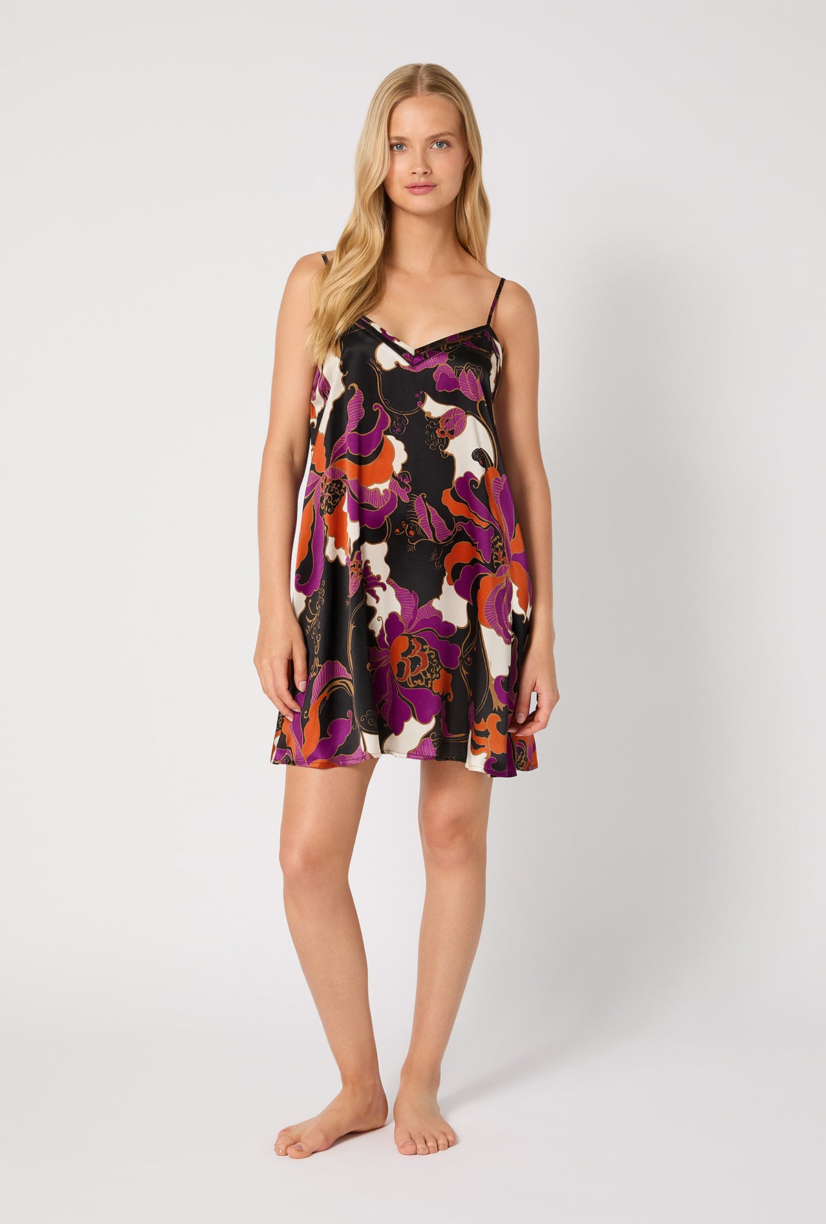 A lady wearing BedHead X Trina Turk Fall Floral Woven Washable Silk Chemise