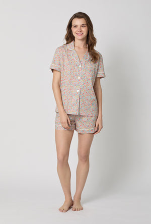 A lady wearing Emma & Georgina Short Sleeve Classic Shorty Woven Tana Lawn® PJ Set Made with Liberty Fabric front view