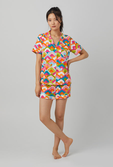 A lady wearing Short Sleeve Classic Shorty Stretch Jersey PJ Set with  Rainbow Cloud print