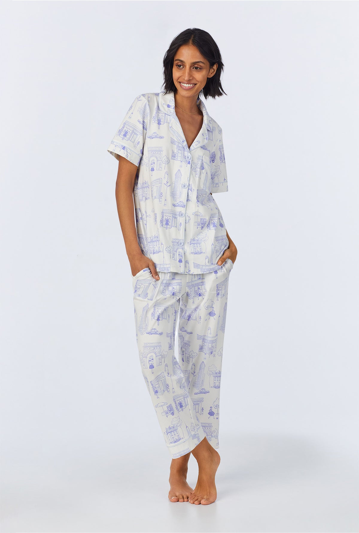 A lady wearing Bedhead on Bleecker Short Sleeve Classic Stretch Jersey Cropped PJ Set