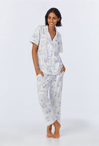A lady wearing Bedhead on Bleecker Short Sleeve Classic Stretch Jersey Cropped PJ Set