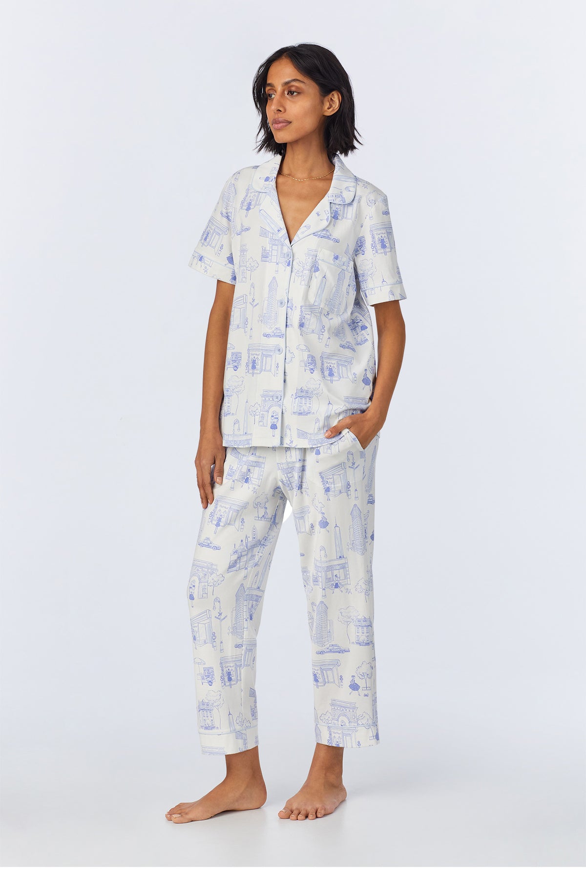 A lady wearing Bedhead on Bleecker Short Sleeve Classic Stretch Jersey Cropped PJ Set