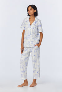 A lady wearing Bedhead on Bleecker Short Sleeve Classic Stretch Jersey Cropped PJ Set