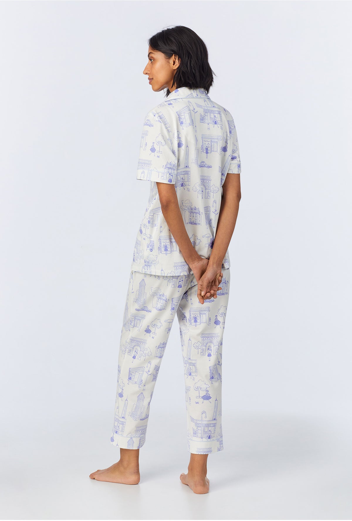 A lady wearing Bedhead on Bleecker Short Sleeve Classic Stretch Jersey Cropped PJ Set