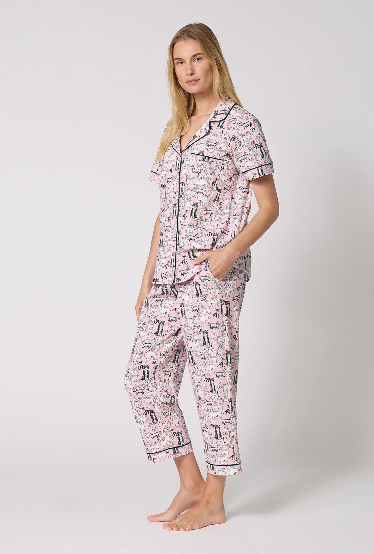 A Lady Wearing  Part Of The Family Short Sleeve Classic Stretch Jersey Cropped Pj Set in a side angled pose