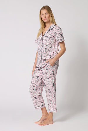 A Lady Wearing  Part Of The Family Short Sleeve Classic Stretch Jersey Cropped Pj Set in a side angled pose