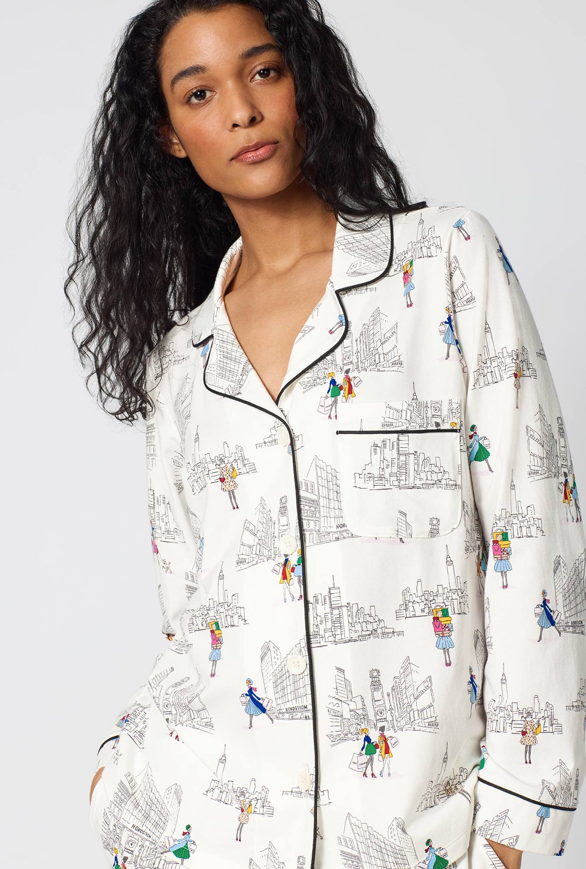 A Lady Wearing  Nordstrom Shoppers Long Sleeve Classic Stretch Jersey Pj Set in a close up view pose