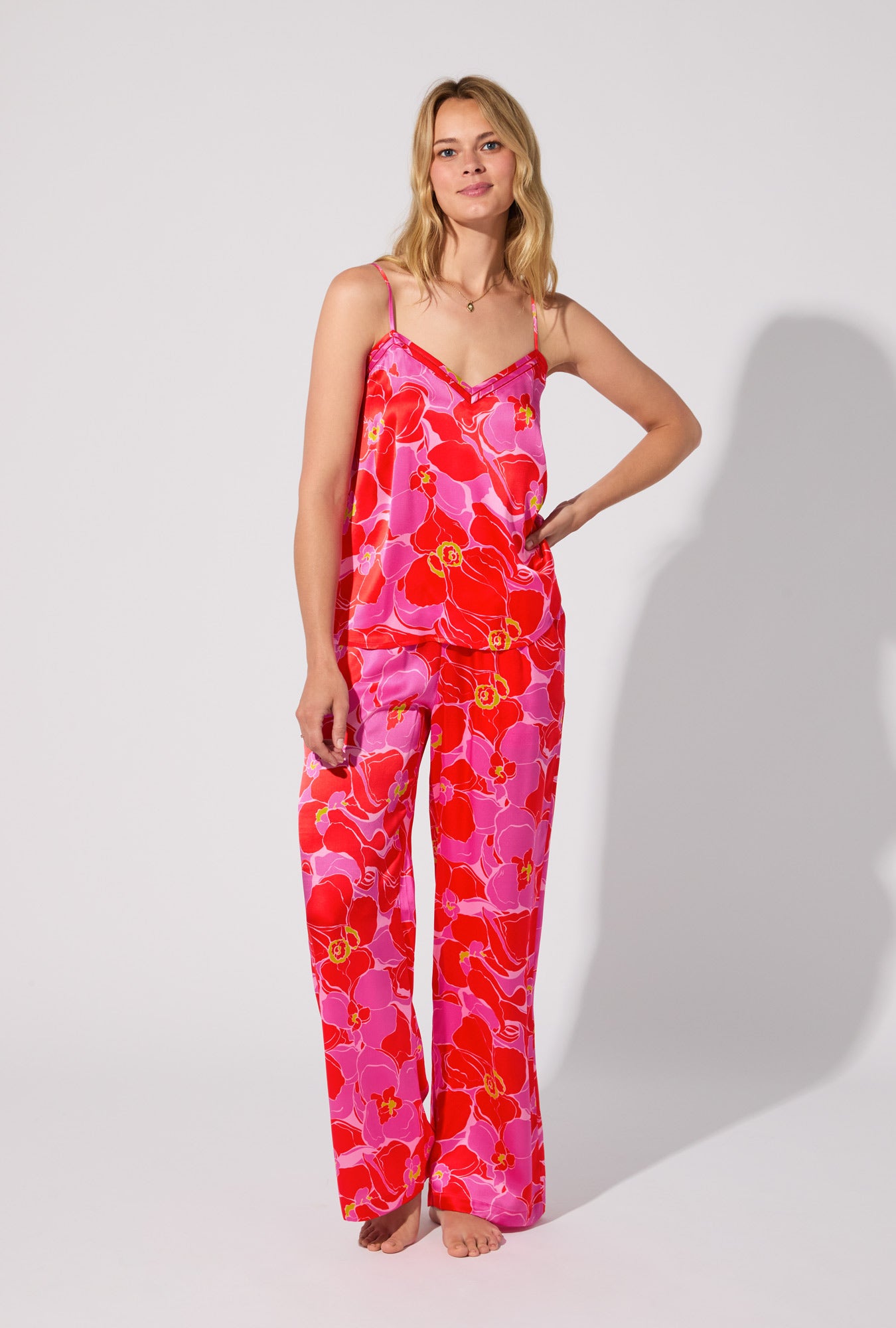 A lady wearing BedHead X Trina Turk Winter Orchids Cami Tank Woven Washable Silk Long PJ Set
